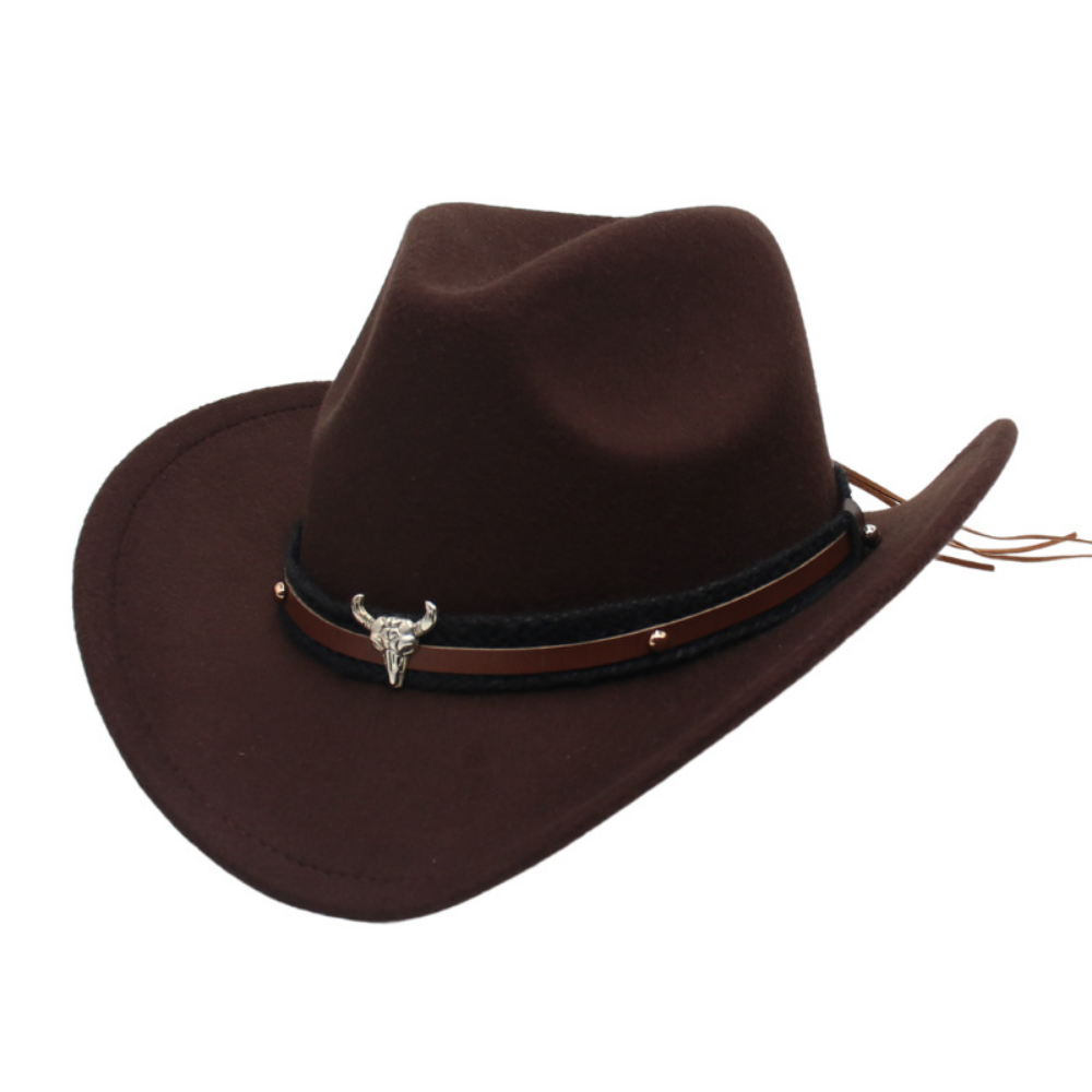 Chapeau américain rétro Western Cowboy - Silver Bull Head Large Brim Felt Chapeau tricoté