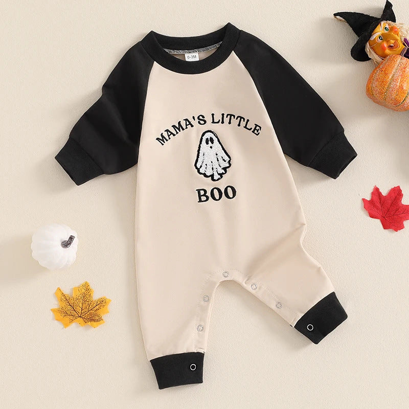 Lettre Ghost Broderie Couleur bloqué Long manchon Cartoon Cute jumps Crawler