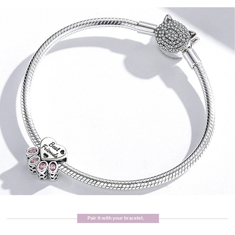Argent Sterling coeur et mignon Paw Bracelet perlé