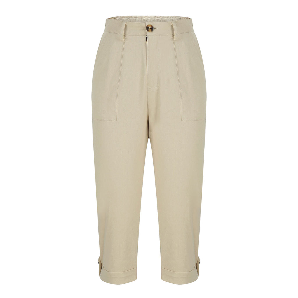 Vêtements de travail en couleur solide pour femmes Pantalons taille bouton Pantalons oreille Design Pantalons de jambes courbés pour femmes