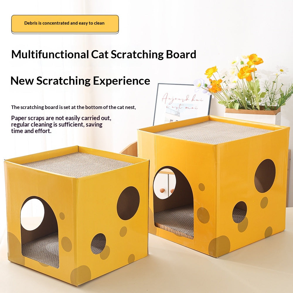 Cheese-box Cat Scratcher et lit de chat en carton ondulé avec deux niveaux