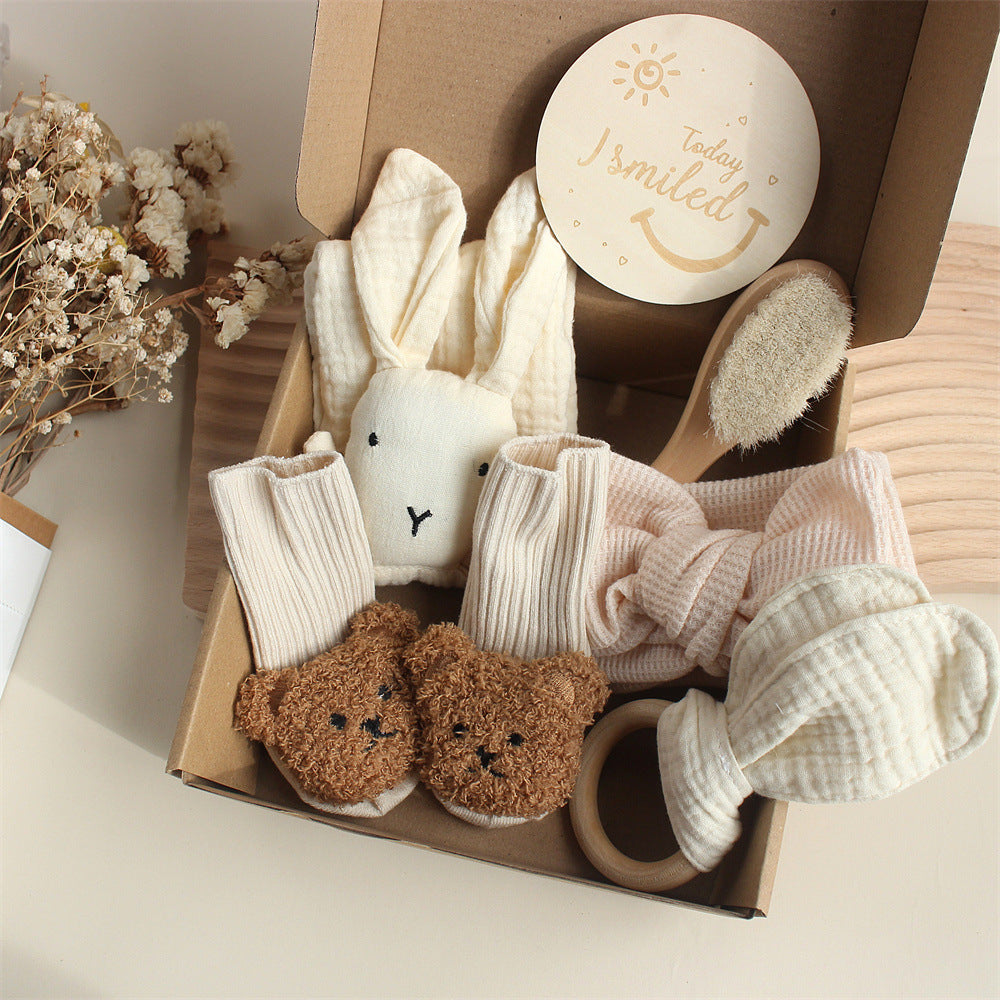 Bébé lapin Lion Appasing Serviettes Chaussettes Saliva Serviette Laver Cadeau Boîte Newborn Bite Anneau Cheveux B