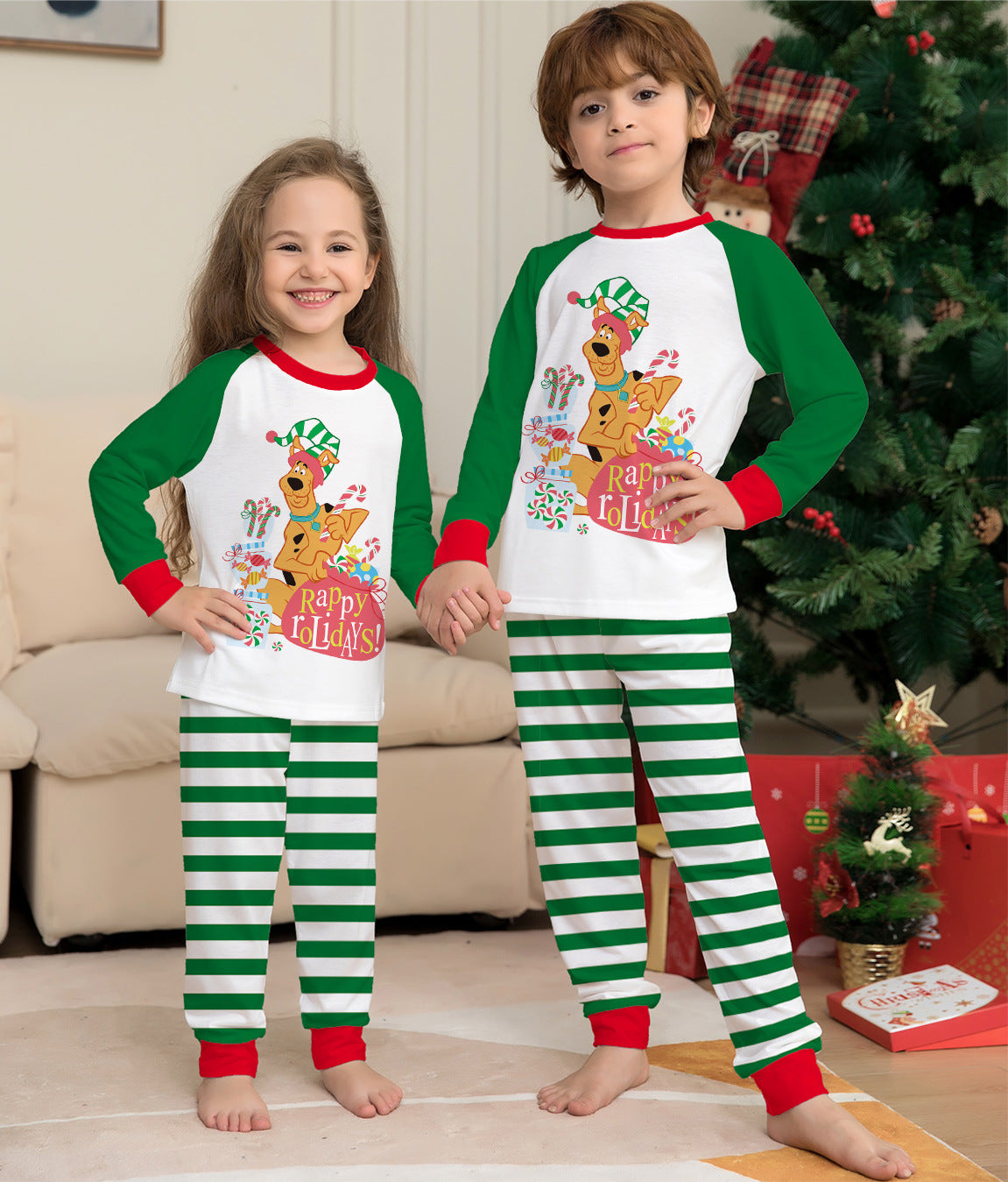 Green Cartoon Striped Long Sleeves Festival Vêtements de maison Pajamas