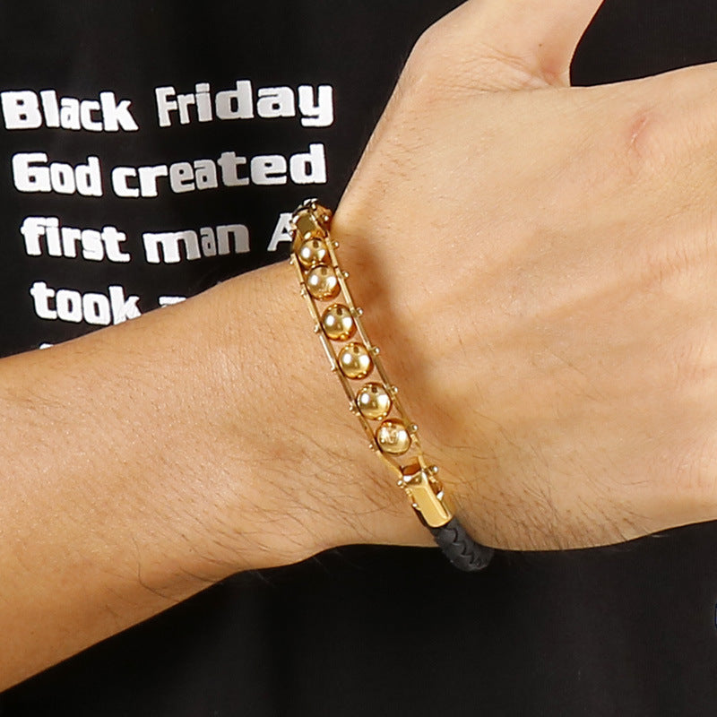Bracelet en cuir tressé en acier inoxydable rotatif pour homme