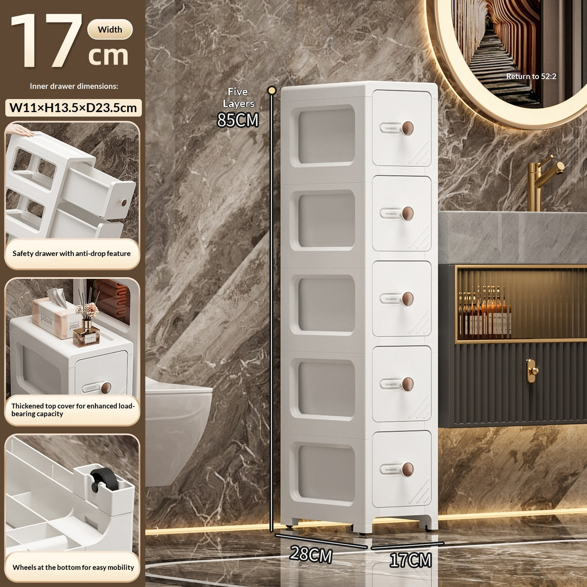 Cabinet de rangement en plastique multi-tier style tiroir salle de bains