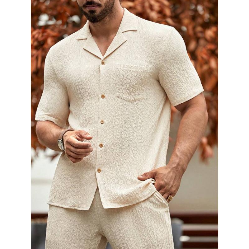 Men's solid color striped button shirt sleeves