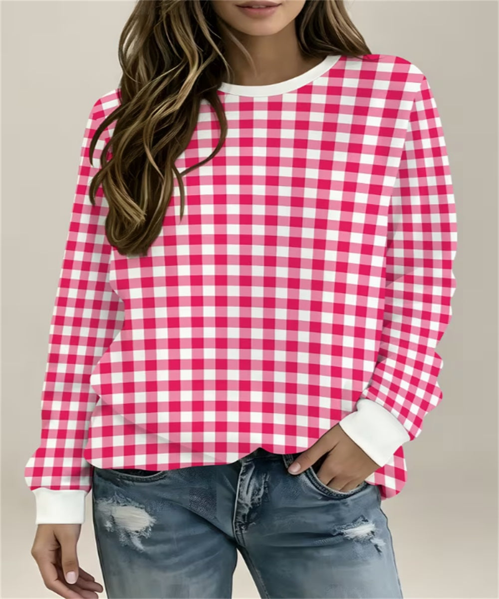 Sweat-shirt en col rond imprimé Gingham Blanc Jaune Femme