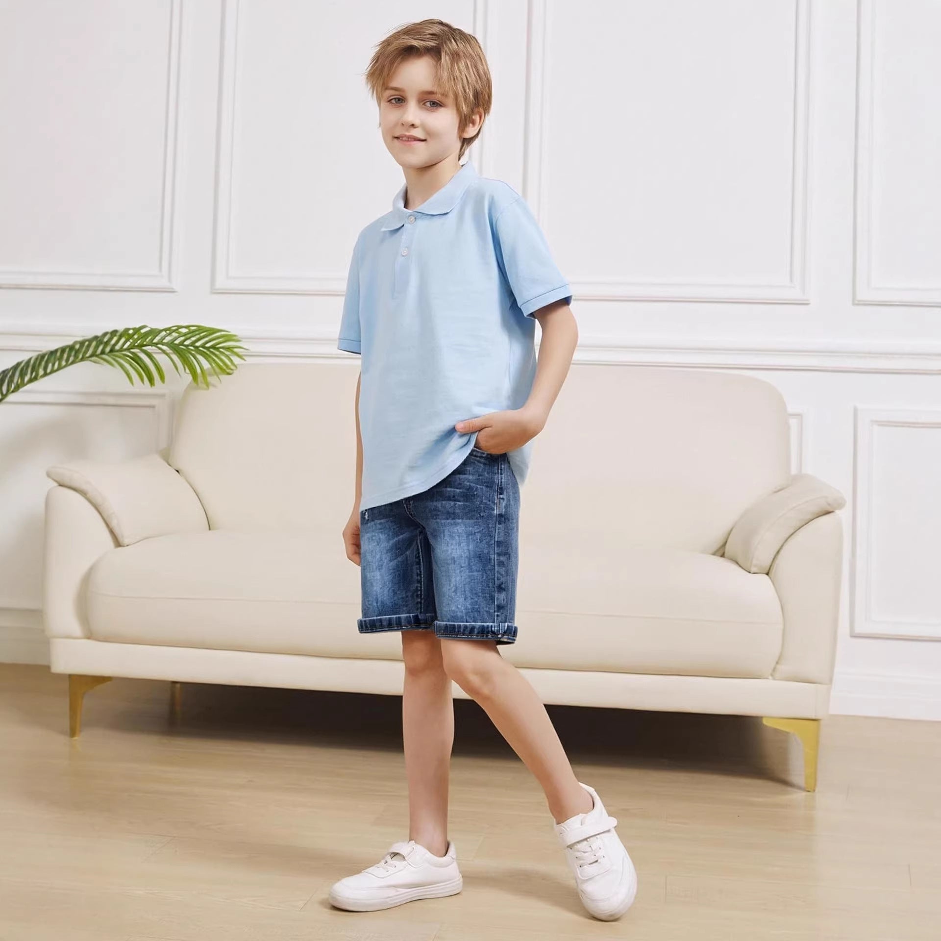 Pantalon d'été Pantalon Short Garçons Denim taille côte à côte Pantalon mi-long