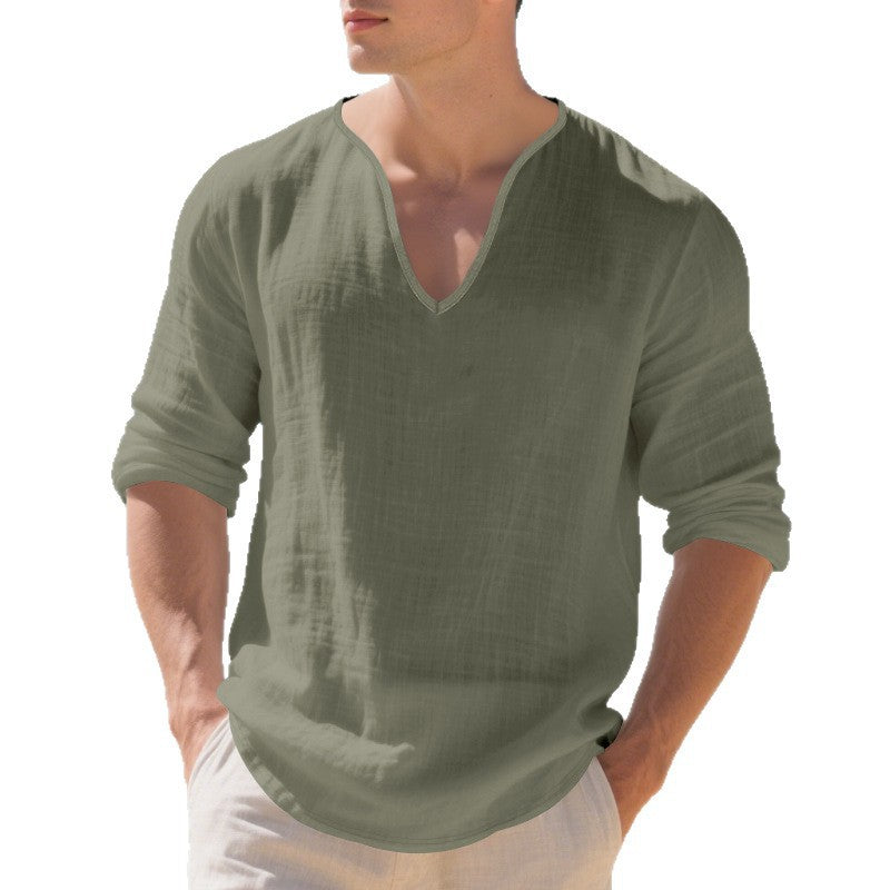 Chemise en V à manches longues en lin casual pour hommes