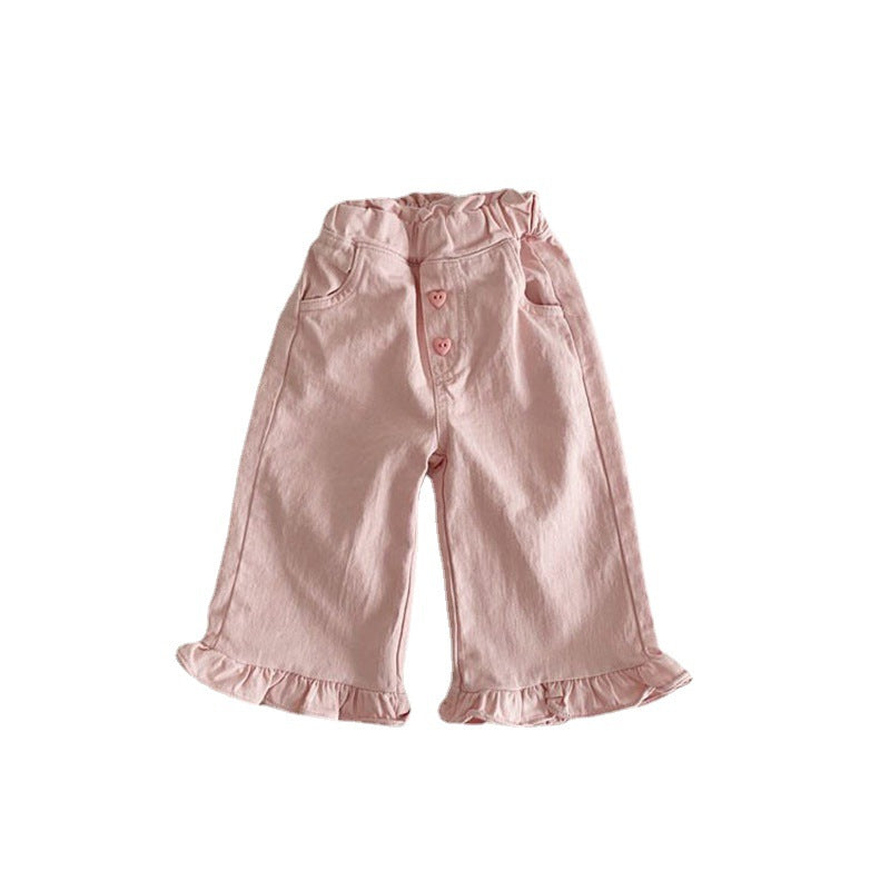 Printemps bébé fille Rétro oreille en bois Casual dentelle Pantalon large-lég enfant Pantalon de mode