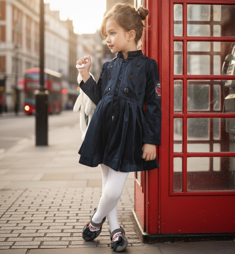 Robe de trench en velours bleu marine vintage fille 3-4-5 Y