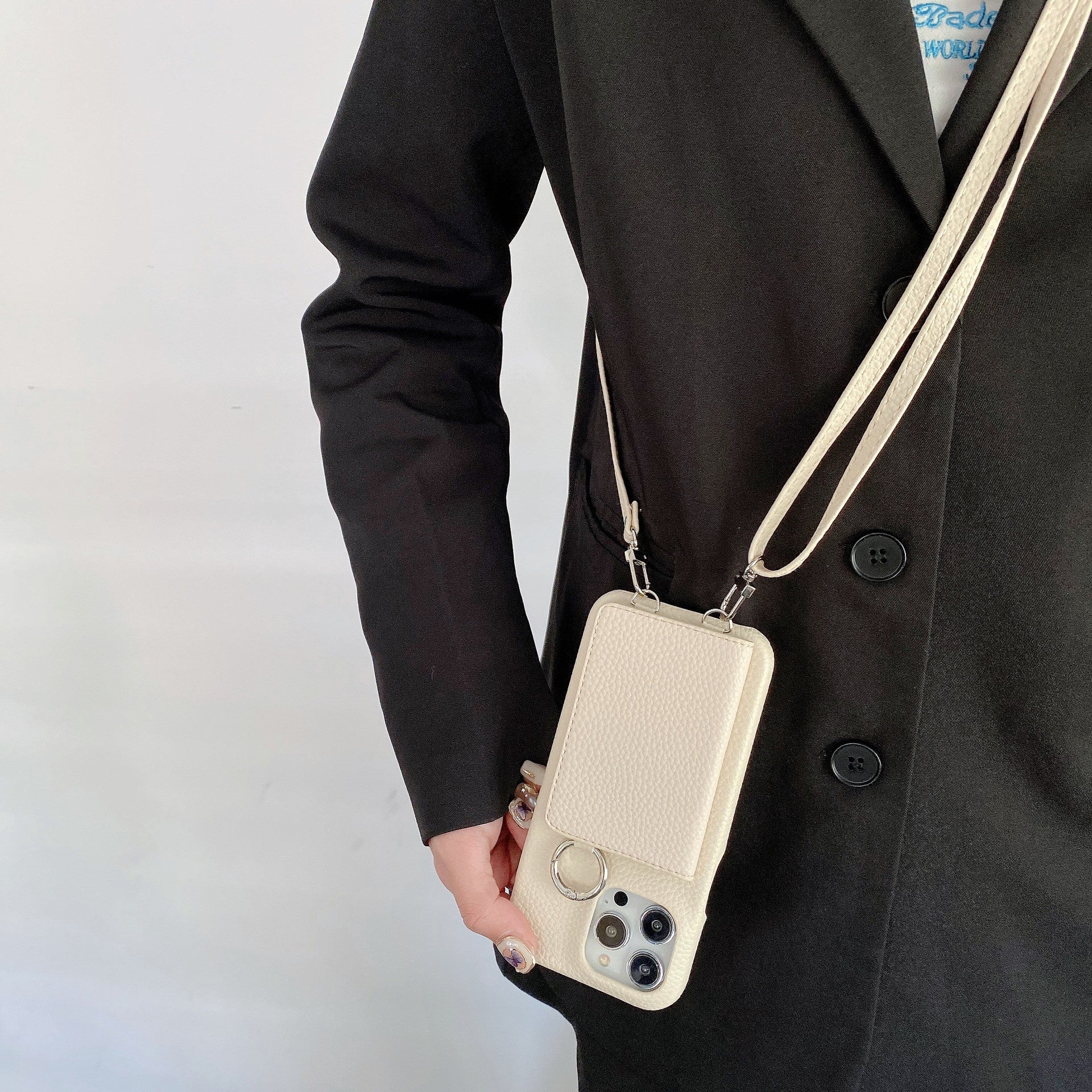 Motif Lychee Gauche et Droite Ouvert Miroir Beauté Étui de téléphone Lanyard