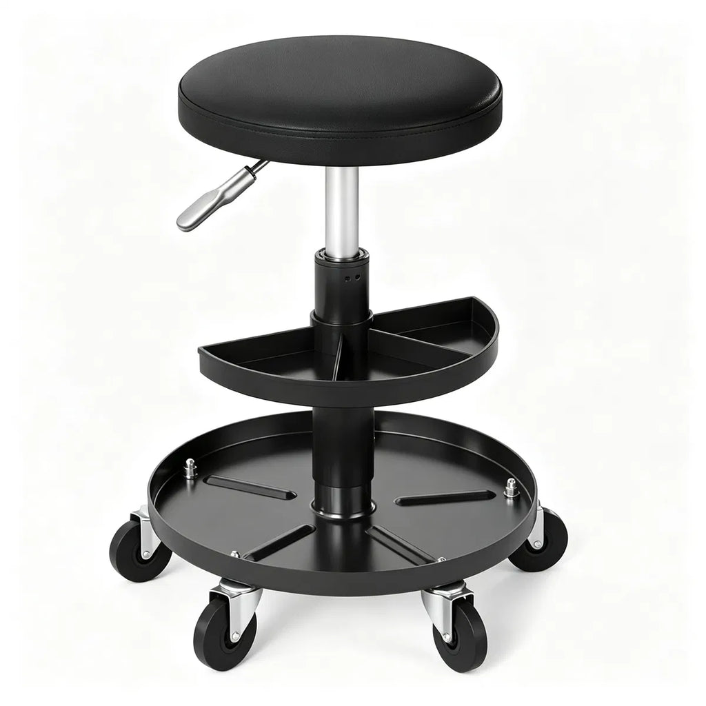 Tabouret mécanique à rouleaux réglable noir avec bacs de stockage d'outils de 2 étages