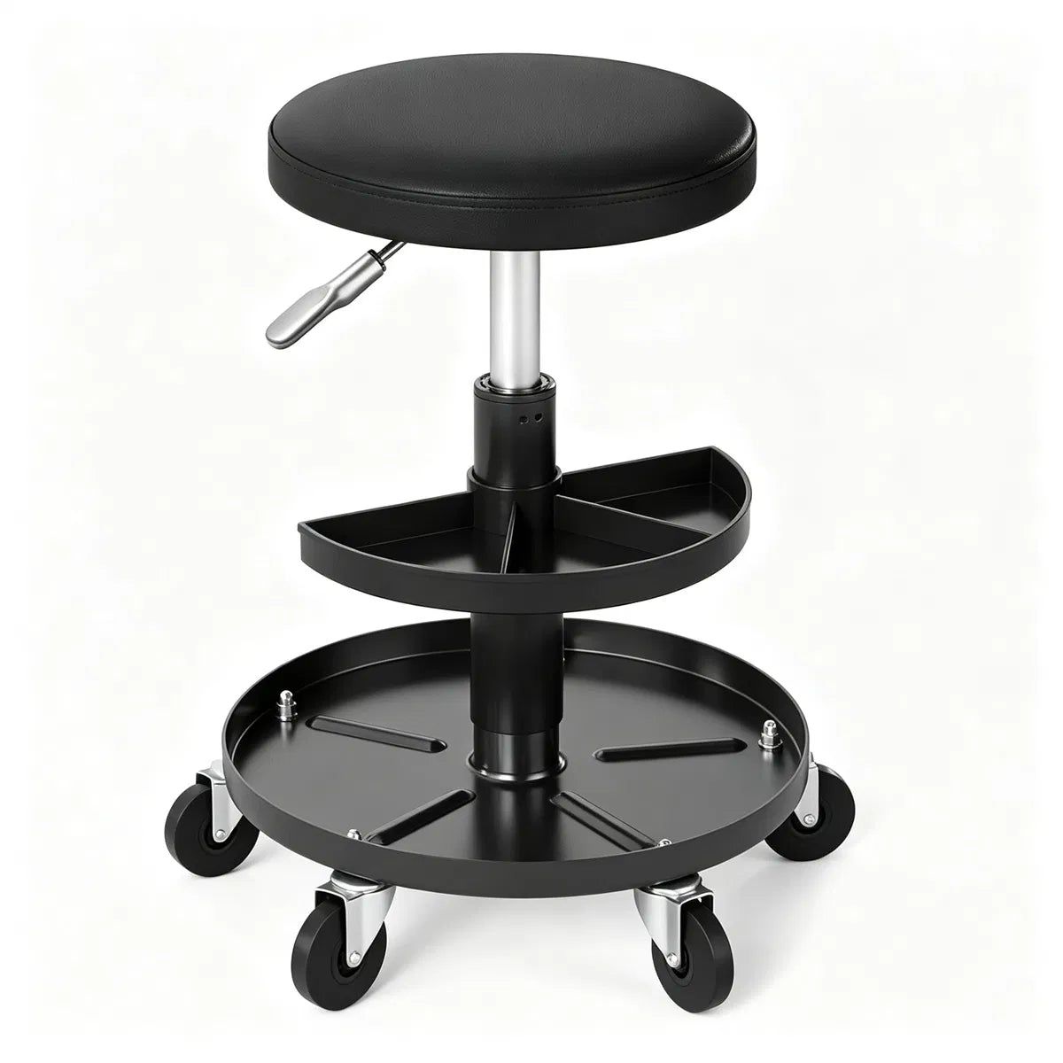 Tabouret mécanique à rouleaux réglable noir avec bacs de stockage d'outils de 2 étages