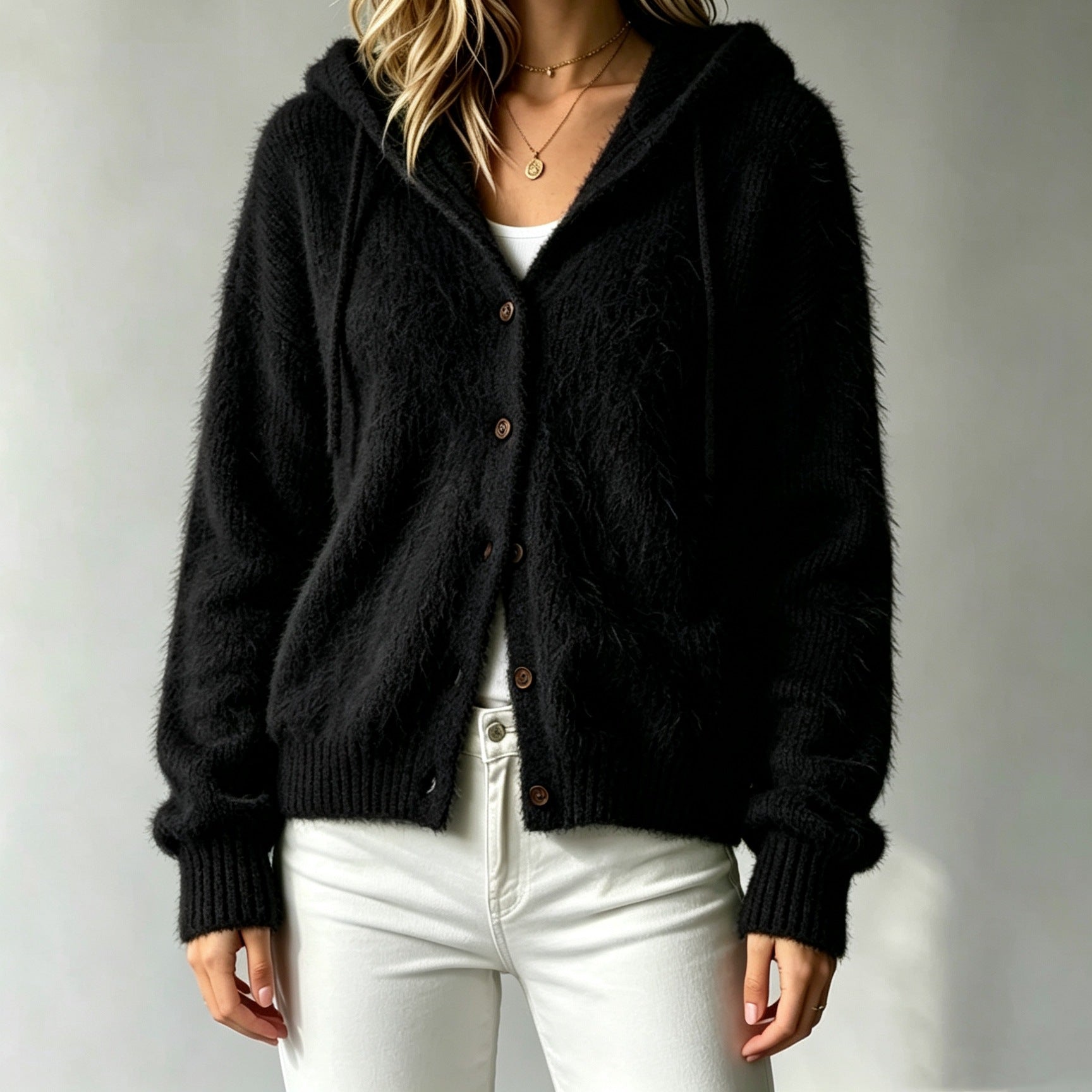 Transfrontaliers Amazon Autumn Hiver Fluffy Mink-like Faux Fur Hooted Open Cardigan Women's C