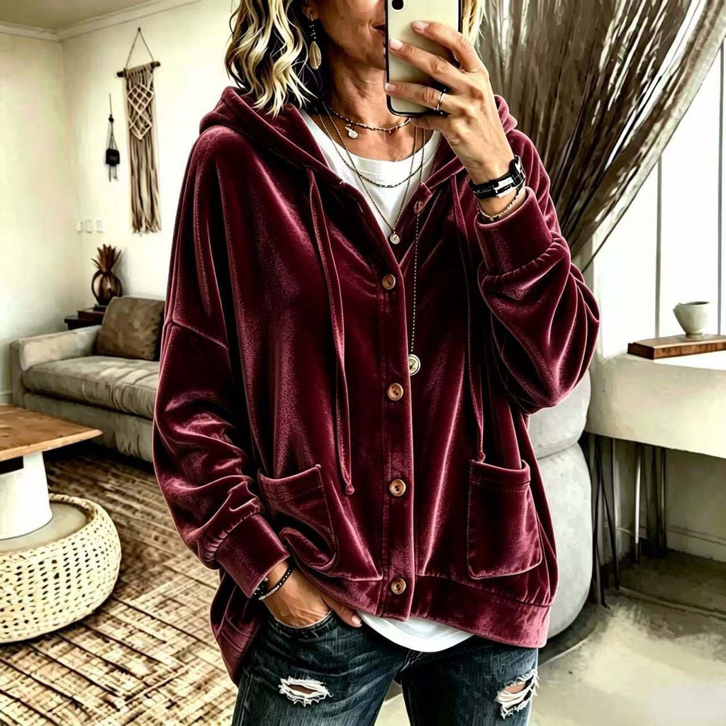 Femmes Automne Veau d'hiver Hoodie Cardigan Bouton avant cordon drawstring manches longues Casual Loose