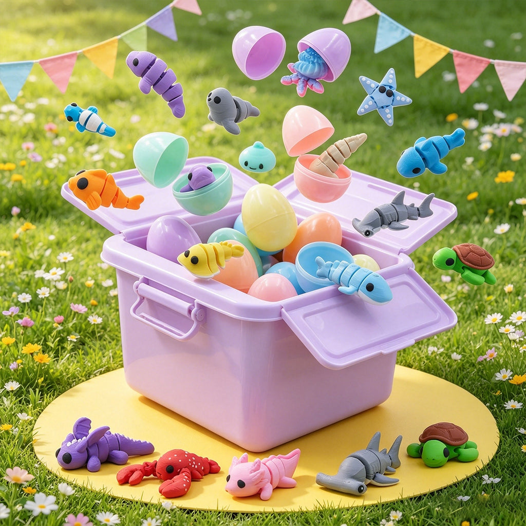 24PCS Imprimé 3D Mini animaux d'océan avec 6 oeufs de Pâques
