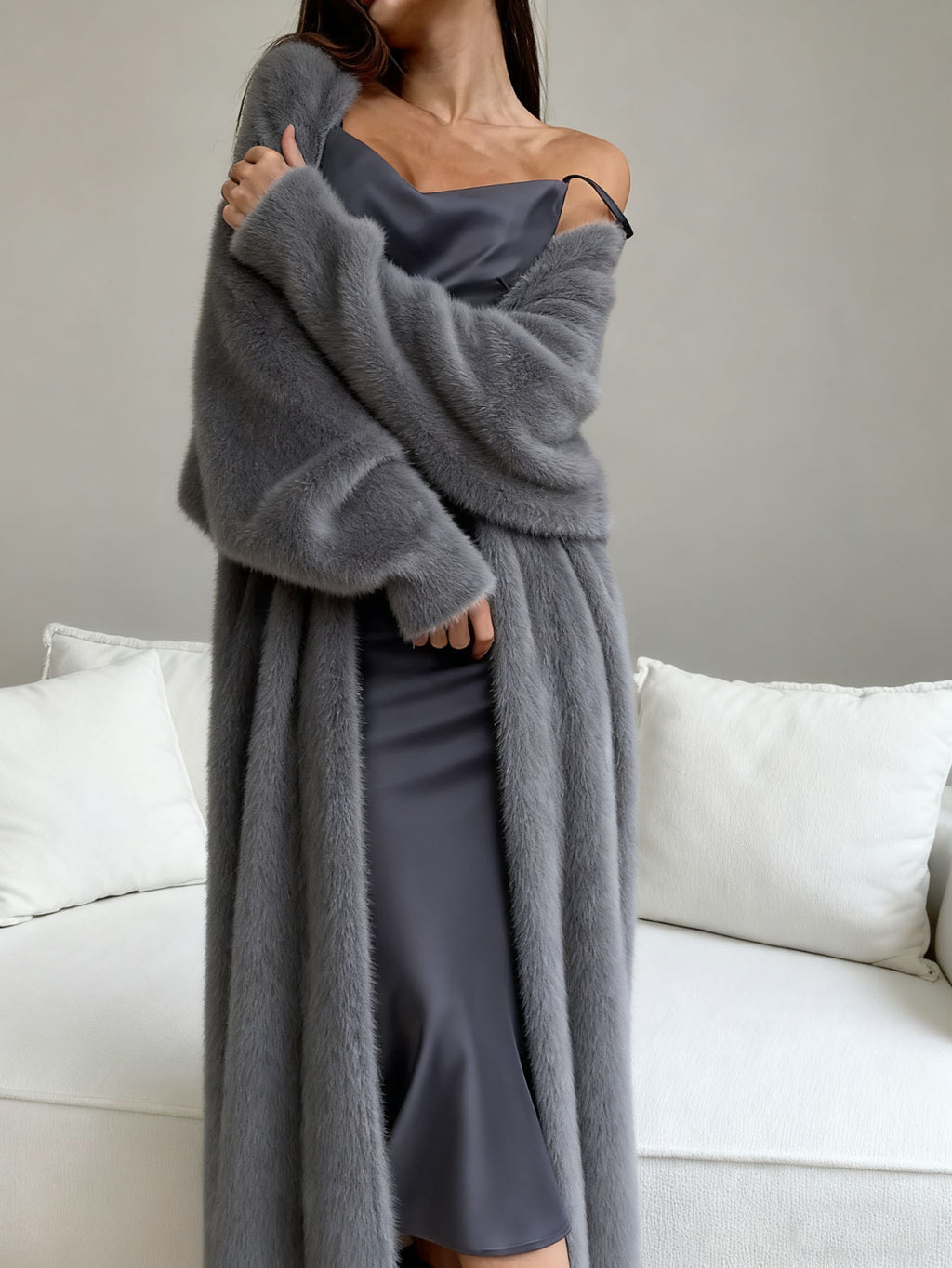 Faux femmes Mink Fur Long Knit Cardigan