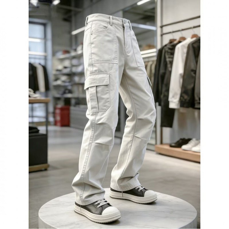 Pantalons de travail multi-pochettes rétro blanc mince
