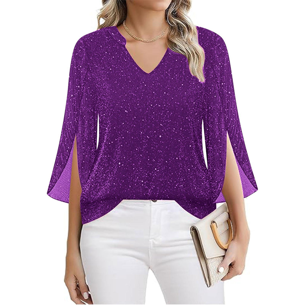 Croped Bell-Sleeve V-Neck Déplacement Top avec Double-Layer Silver-Thread Mesh