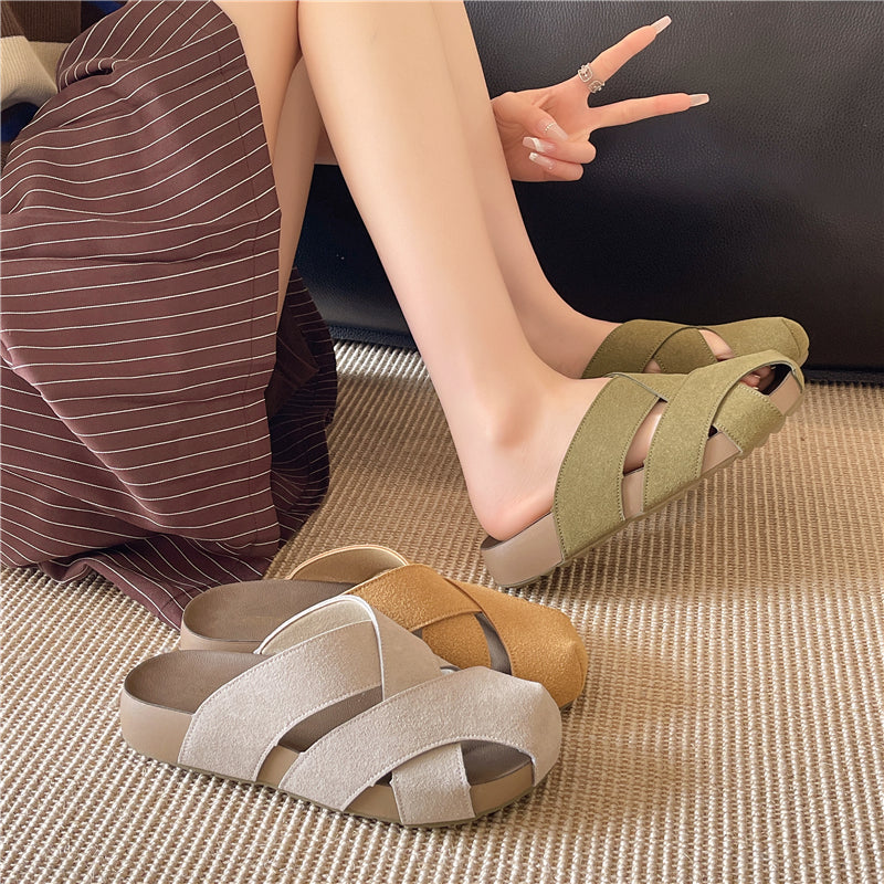 Platform Woven Closed Toe Mules Women Summer Outdoor Wear Hollow Breathable Slip on Slide