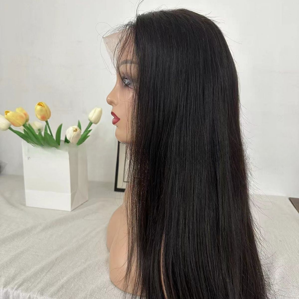 Femme Mode Dentelle Pleine Noir Cheveux Humains Perruque