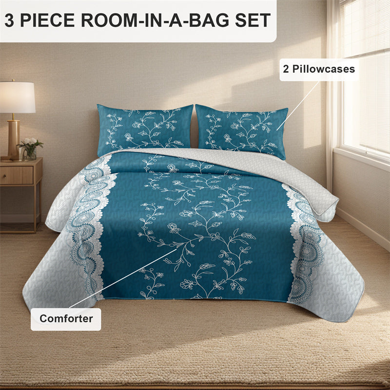 Set de courtepointe à 3 pièces de fleur de sarcelle avec 2 shams d'oreiller assortis