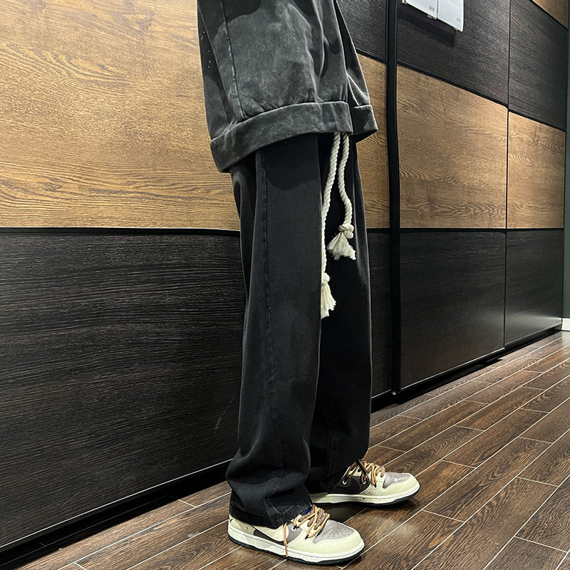 Hommes Elastic-waist Drawstring Jeans Loose-fit Straight-leg Style
