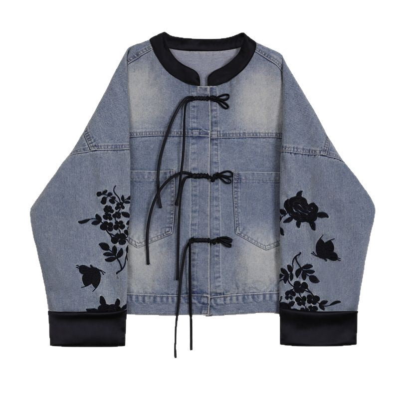 Veste denim de style chinois pour les femmes Printemps et Automne porter