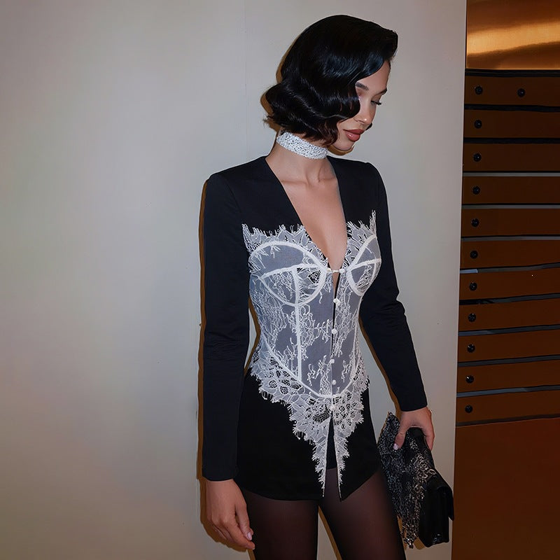 Stylish Fashionable V-Neck Lace Button-Up Jacket