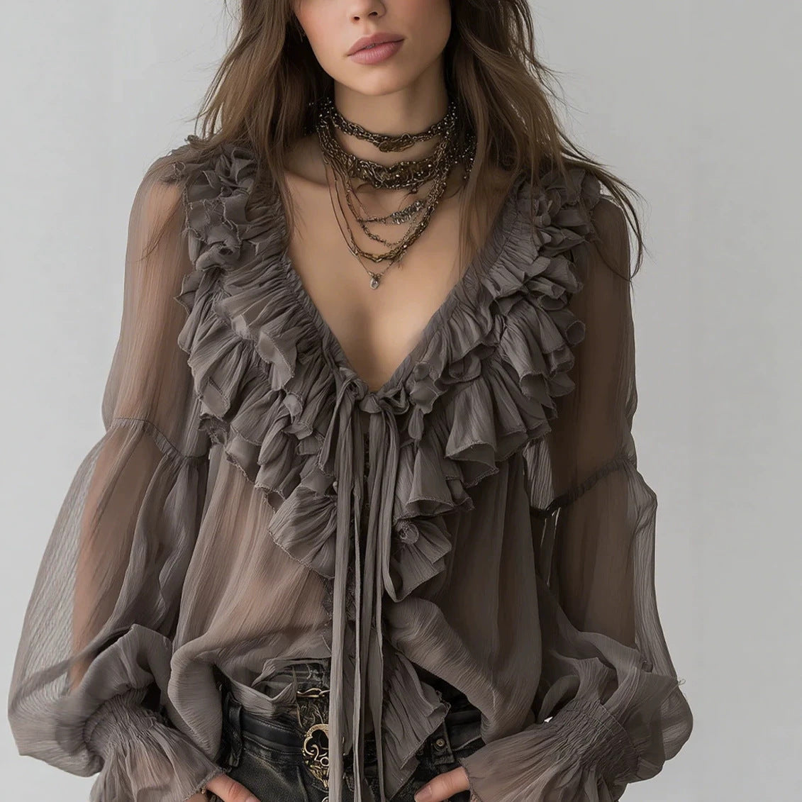 Blouse en dentelle à manches longues à col V gris-Brown pour femmes