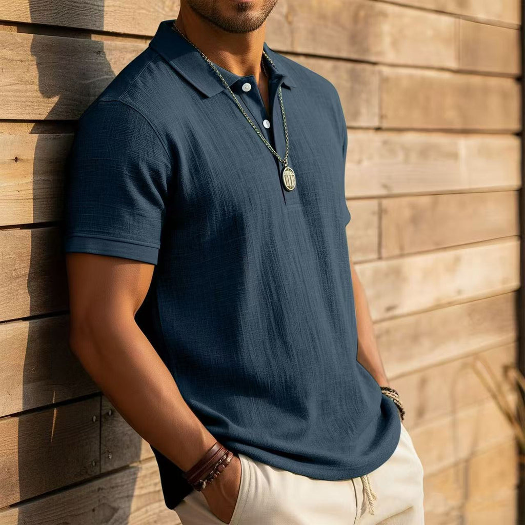 Trendy Men's Casual Solid-color Summer Bamboo-ribbed Coton Polo manches courtes Chemise Homme