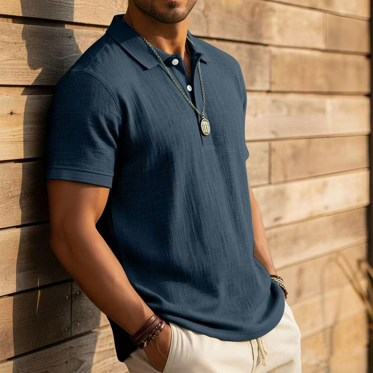 Trendy Men's Casual Solid-color Summer Bamboo-ribbed Coton Polo manches courtes Chemise Homme