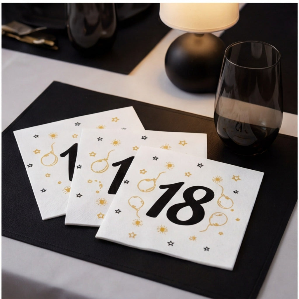 18th Birthday Napkins in Black and Gold