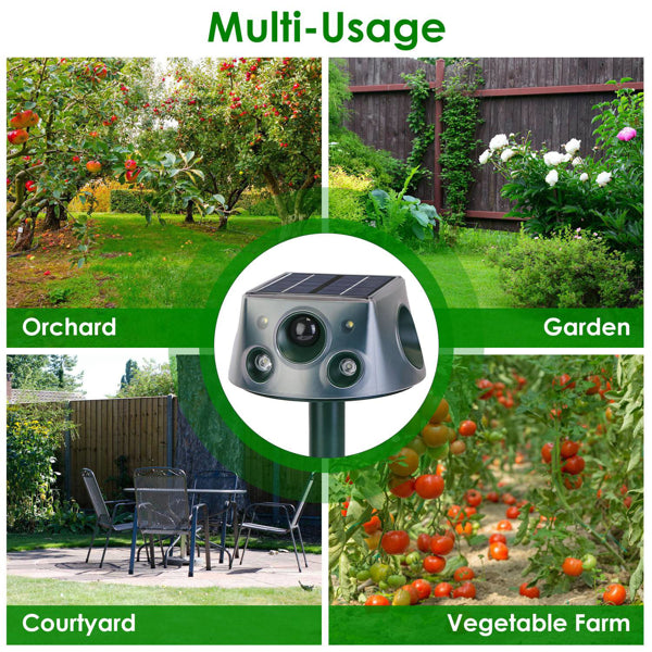 Solaire & Type-C Rechargeable Animal Repeller - 3 modes Ultrasonic+Buzzer+ Vibrations