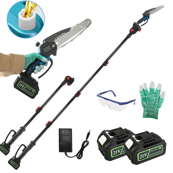 Sciure électrique 2-en-1 8' sans fil et mini-chaîne de scie avec des pôles d'extension 2Pcs 21V 3.0 Ah