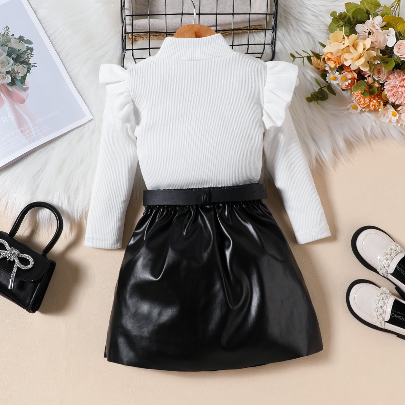 Ceinture de jupe plissée en cuir PU à manches longues haute