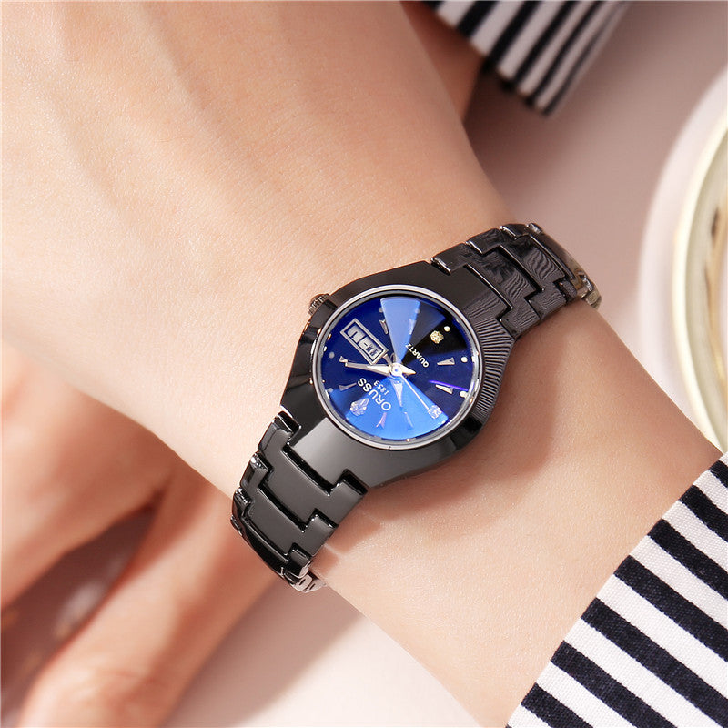 Tungstène acier couleur imperméable mode étudiant couple calendrier Quartz montre
