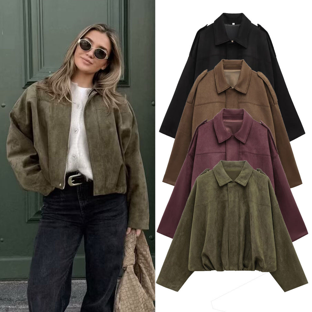 Autumn And Hiver Veste de Bomber Européen et américain Bat Manche Zipper Loose Suede Textur