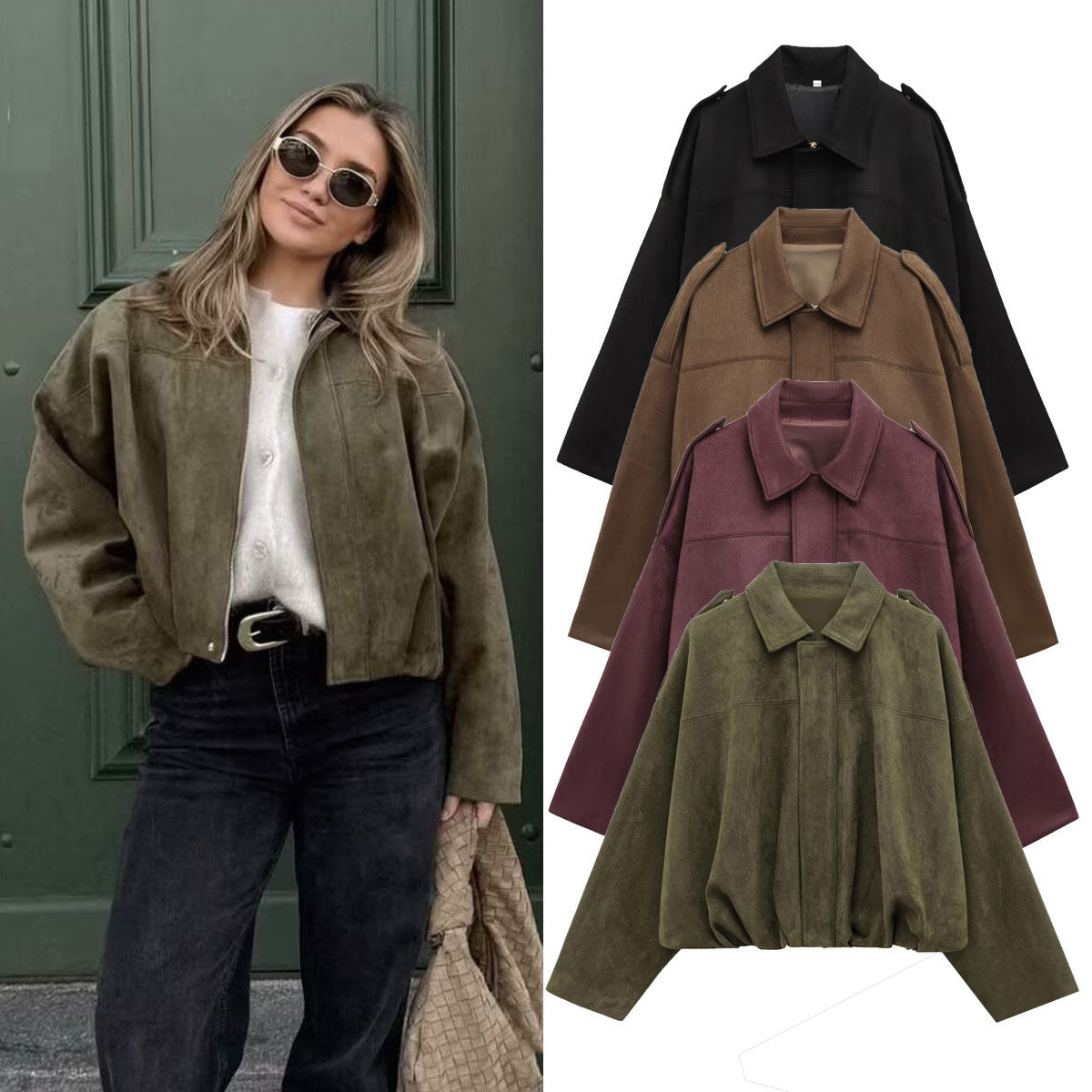 Autumn And Hiver Veste de Bomber Européen et américain Bat Manche Zipper Loose Suede Textur