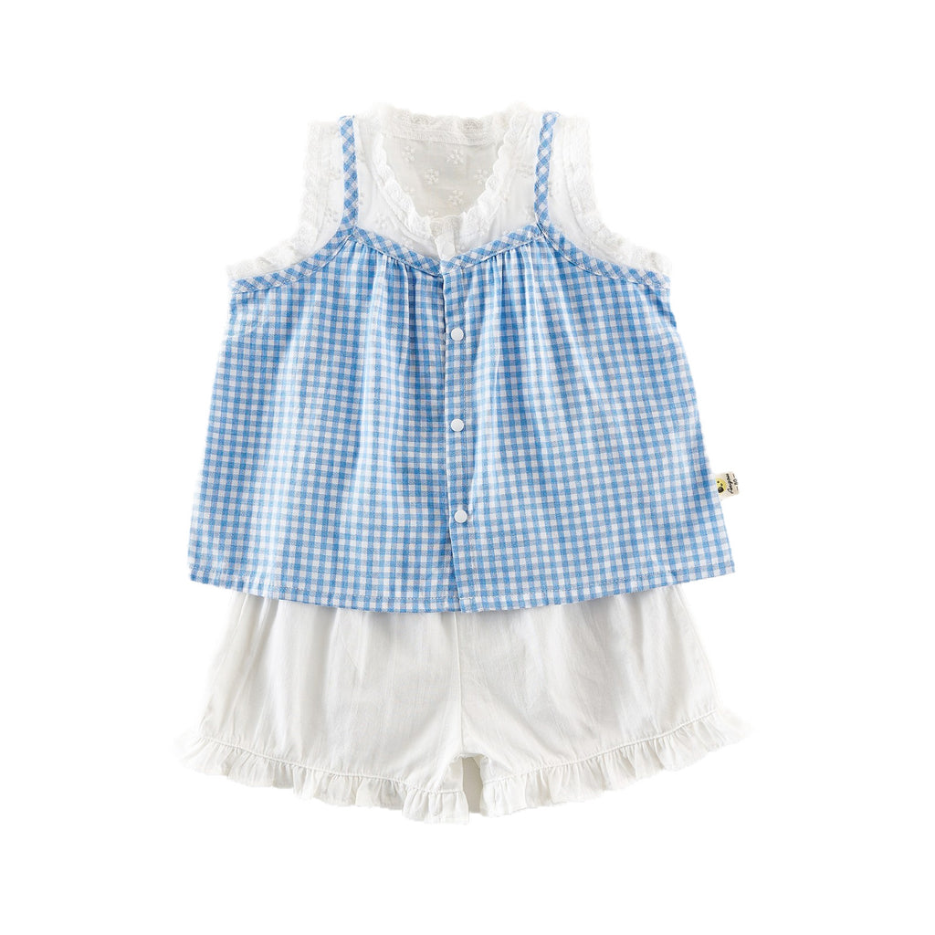 Dentelle Plaid Deux pièces Set pour les petites filles Vest Top et Blouse