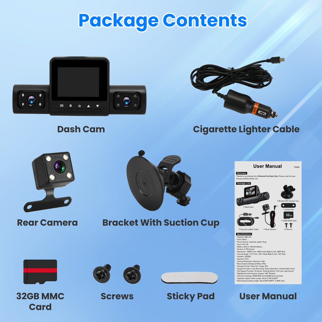 1Pc 360 Degree View FHD 4 Channel Dash Cam 1080P Front 480P Arrière Gauche Droite Intérieure Dash Ca
