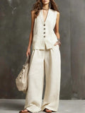 Arrivée Women S Set Veste sans manches et pantalons à jambes larges Ensemble de deux pièces en coton