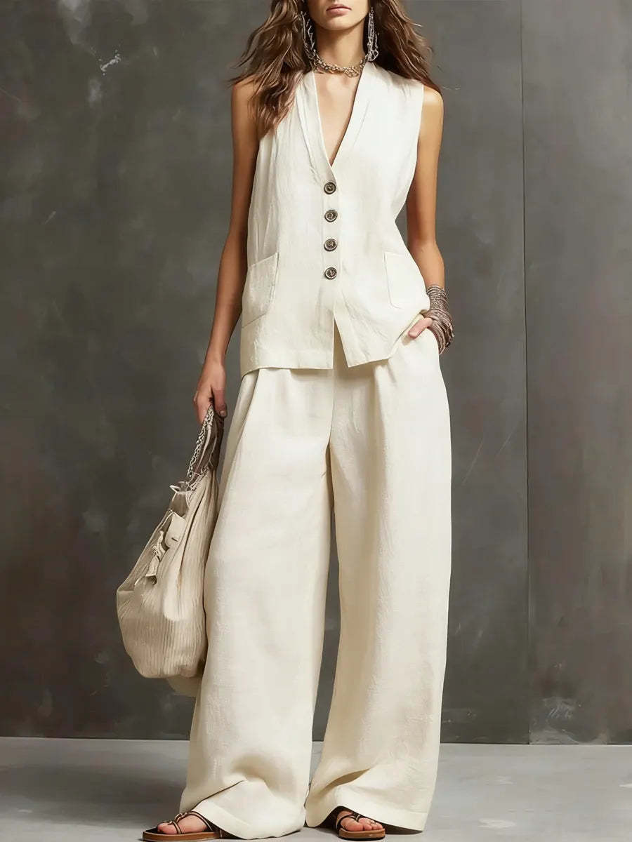 Arrivée Women S Set Veste sans manches et pantalons à jambes larges Ensemble de deux pièces en coton