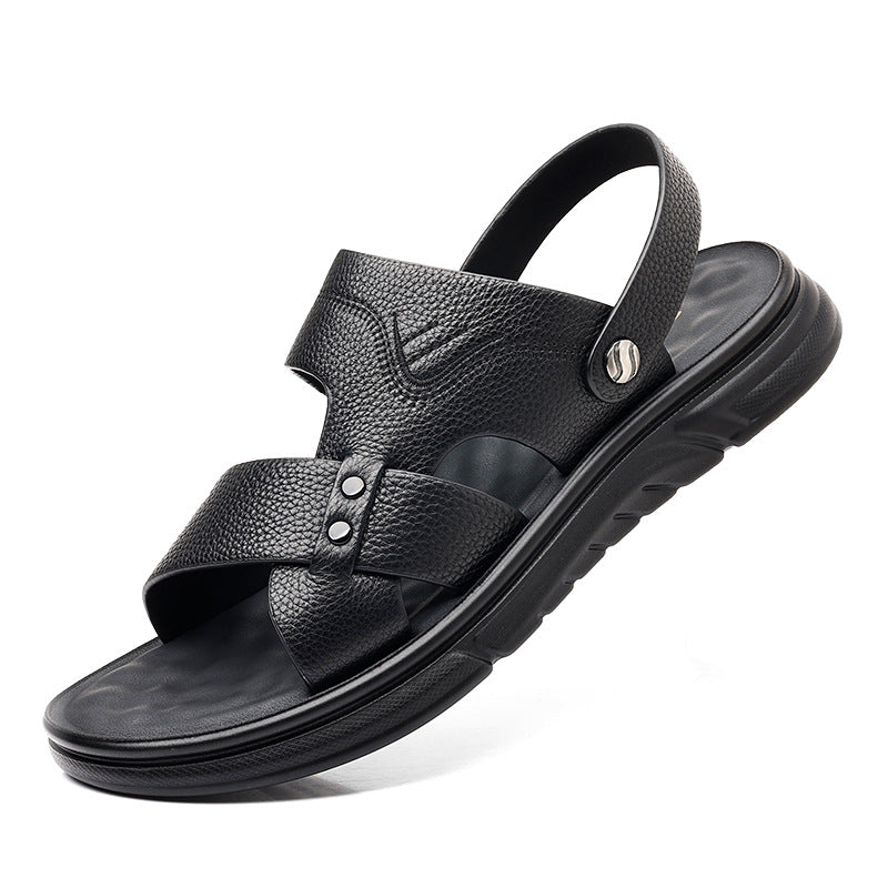 Chaussures de plage en cuir véritable respirant pour hommes Casual Soft Bottom Moyen-âge et personnes âgées