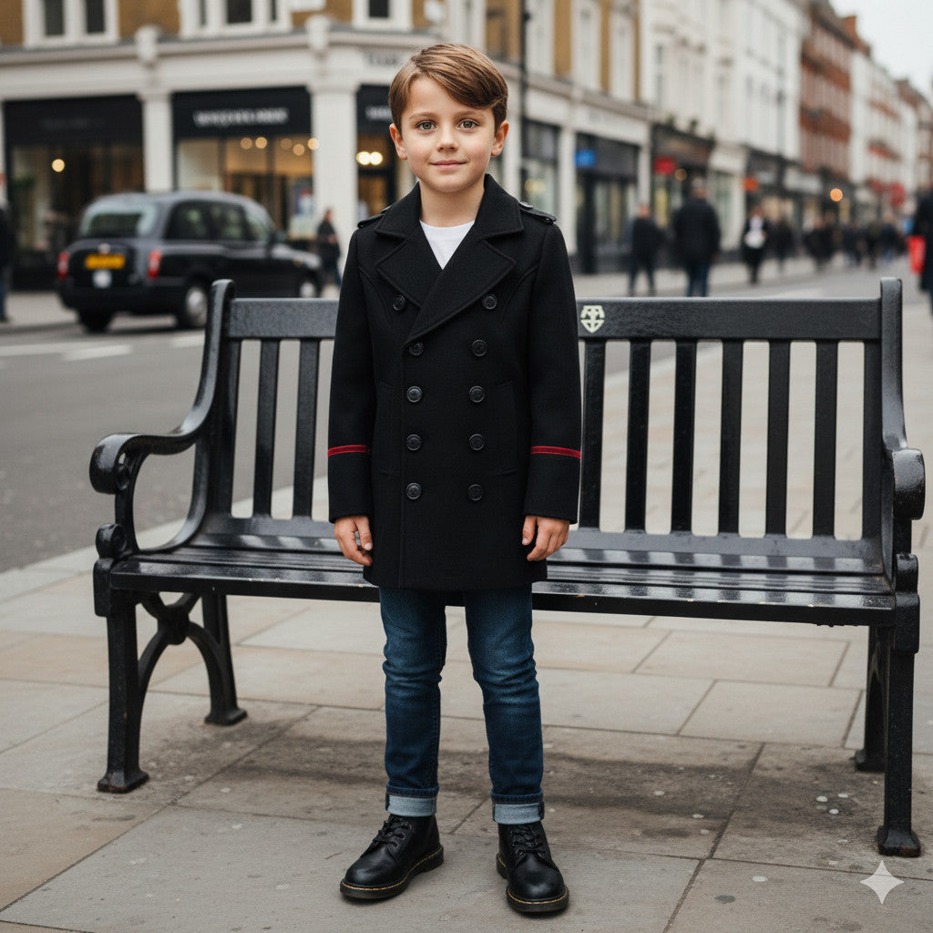 Garçons Noir Smart Casual Cashmere Coat Vert Style militaire Woolen Veste 3-9Y