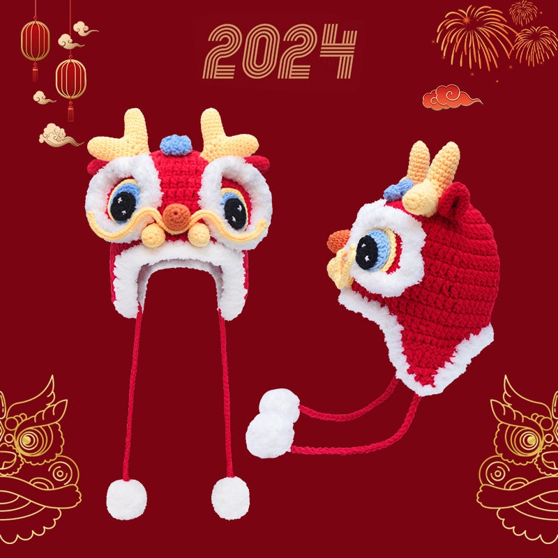 Dragon Année Chapeau rouge chinois tricoté Tigre Tête Chapeau bébé chinois Année célébration Joyous Xi