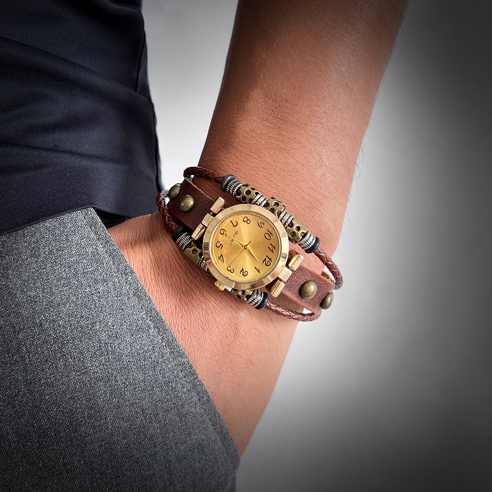 Vintage bracelet en cuir montre pour les femmes multi-couche tressé