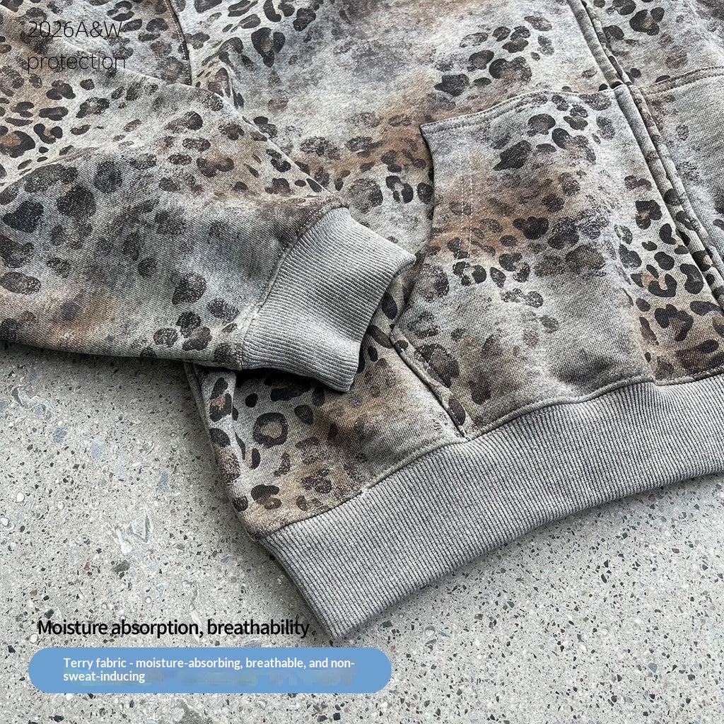 Camouflage à capuchon Leopard-Imprimé Terry-Weave Sweatshirt Cardigan Coat