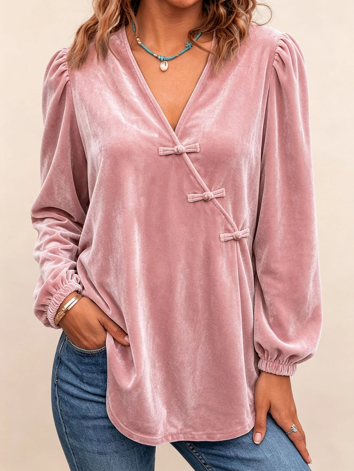 Women's Gold Velvet V-neck Top